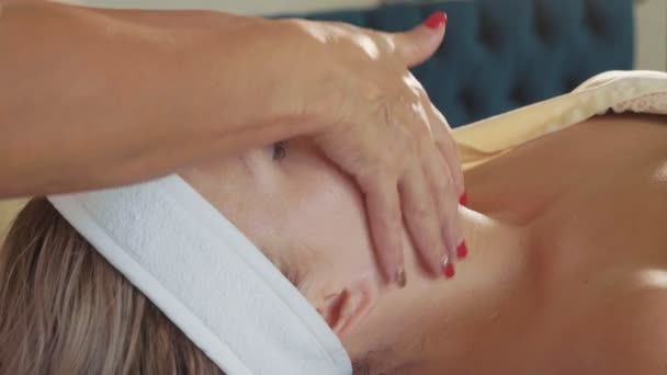 Kosmetikerin trägt Creme-Maske auf das Gesicht einer jungen schönen Frau auf — Stockvideo