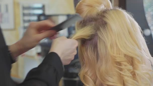 Jeune belle coiffeuse ajouter une coiffure de volume à un joli client féminin . — Video