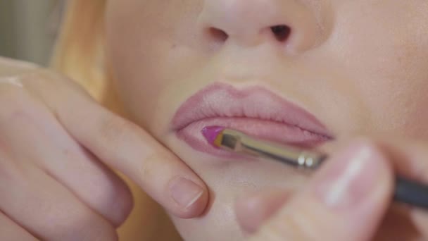 Jonge make-up artiest lippenstift toe te passen op modellen lippen. — Stockvideo