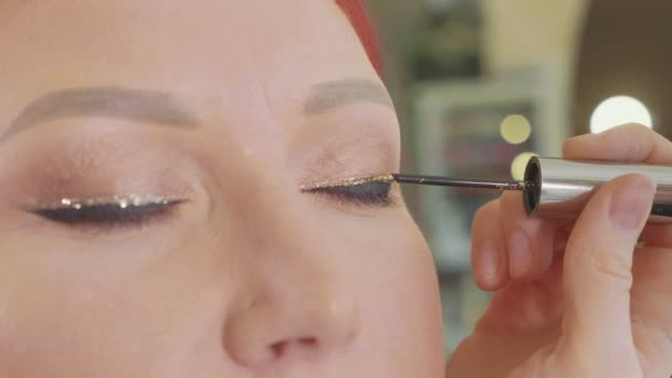 Maquilleuse appliquant le maquillage aux yeux des mannequins. Vue rapprochée . — Video