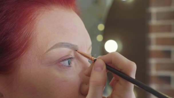 Макияж стилист делает красивые брови для молодой рыжей женщины в салоне красоты — стоковое видео