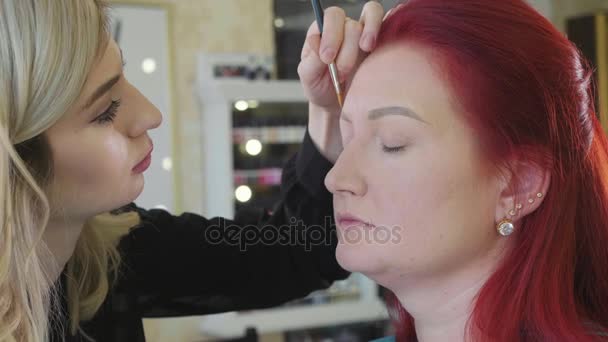 Maquillaje estilista hace hermosas cejas a joven pelirroja en salón de belleza — Vídeos de Stock