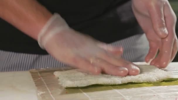 Chef de sushi profesional preparando rollo en la cocina comercial, primer plano . — Vídeos de Stock