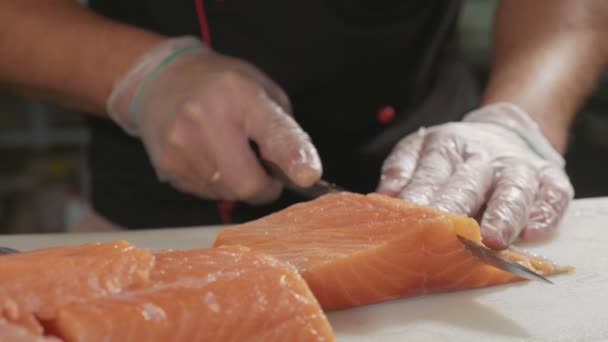 Close-up of sushi chef in gloves slices fresh salmon at sushi bar. — Stock Video
