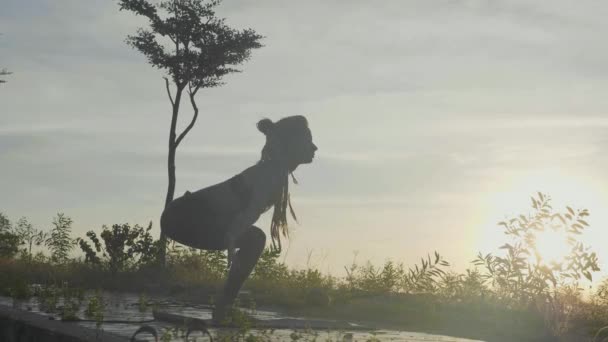 슬로우 모션에서 일출 공원에서 요가 연습을 하 고 여자의 실루엣 — 비디오