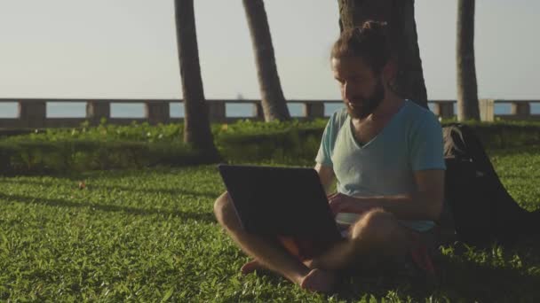 Człowiek w parku siedzi z laptopa pod palmą. — Wideo stockowe