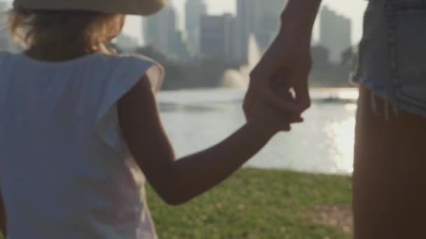 Familie wandelen in het park met lake en wolkenkrabbers op de achtergrond — Stockvideo