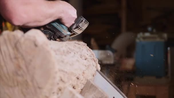 Чоловік розпилює деревину з електричною бензопилою в столярній промисловості, повільний рух — стокове відео