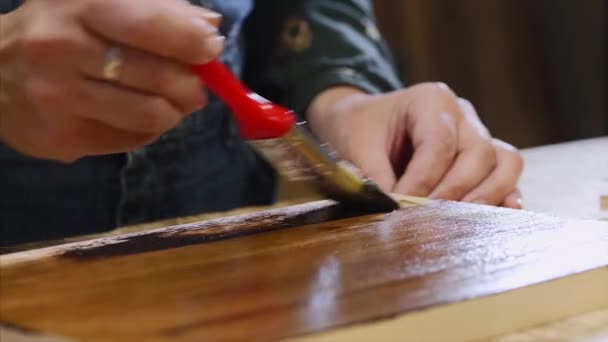 Primer plano de las manos femeninas es la aplicación de barniz protector en tablón de madera . — Vídeos de Stock