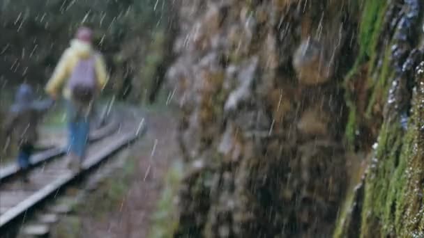 Мать с маленьким ребенком идет по рельсам поезда под дождем — стоковое видео