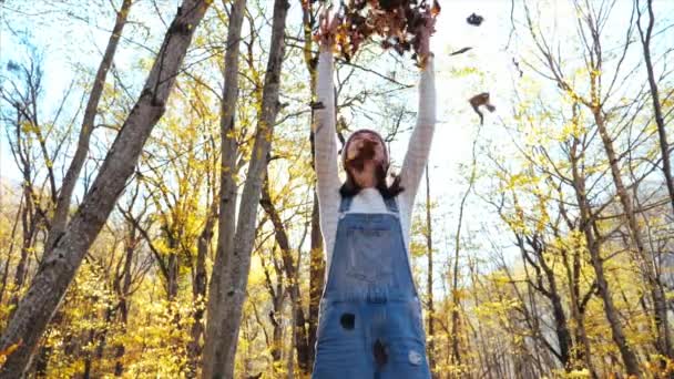 Heureuse jeune femme qui s'amuse et jette des feuilles jaunes à la forêt d'automne 