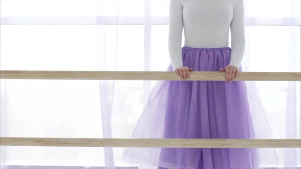 Professionele ballerina zet haar been op de barre standaard. — Stockvideo