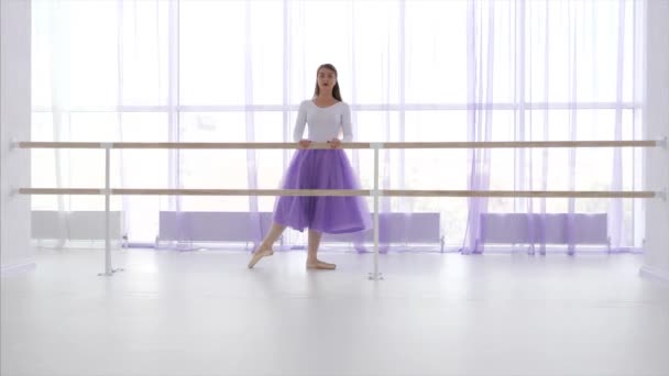 Professionele ballerina zet haar been op de barre standaard. — Stockvideo