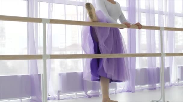 Professionele ballerina zet haar been op de barre standaard. — Stockvideo