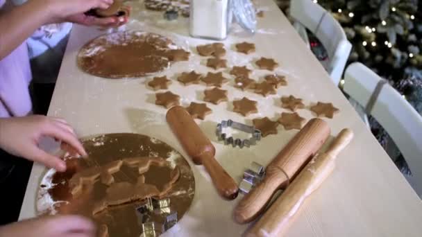 Kinderhand vormt een deeg met een stalen vorm voor het bakken van koekjes — Stockvideo