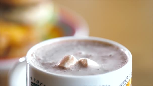Dětské menu sada kakaa s marshmallow, malý burger a rustikální brambory — Stock video
