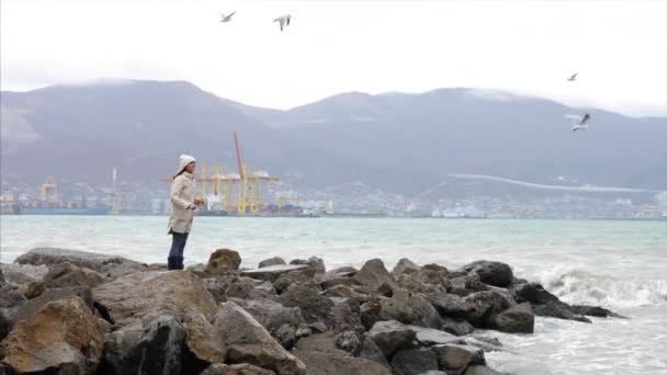 Young woman is feeding a seagulls. Seashore in storm windy weather — Stock Video