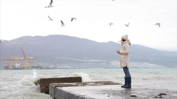 La joven está alimentando a las gaviotas. Orilla del mar en tormenta tiempo ventoso — Vídeo de stock