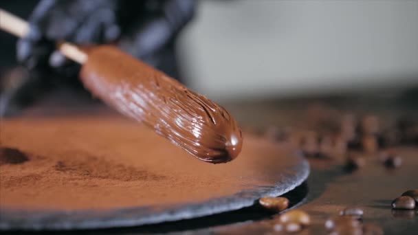 Close-up van chef-kok maakt chocoladesserts — Stockvideo