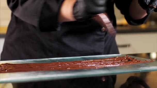 Close-up van chef-kok maakt chocoladesserts in vogelnestvorm — Stockvideo