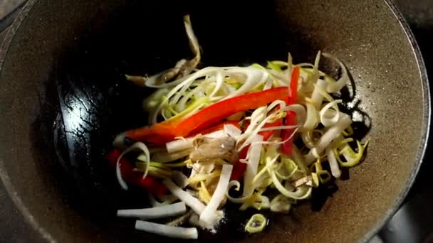 Chef cuisinier dans wok pan à la cuisine commerciale — Video