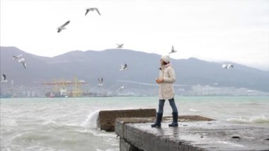 Young woman is feeding a seagulls. Seashore in storm windy weather