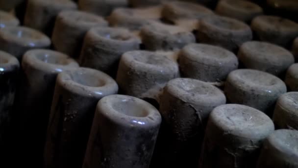 Stos starych butelek wina w piwnicy — Wideo stockowe
