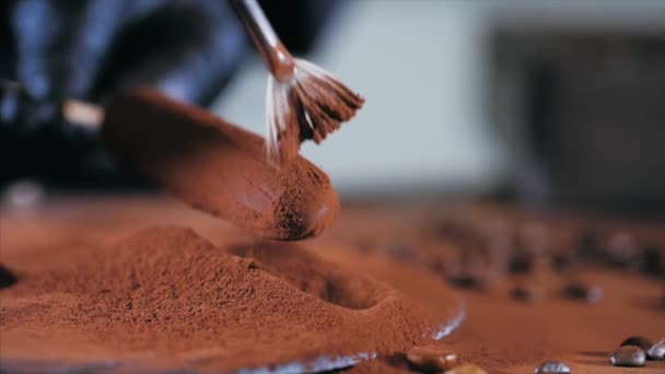 Close-up van chef-kok maakt chocoladesserts — Stockvideo