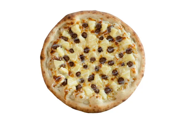 Söt pizza med ananas isolerad på vit bakgrund, ovanifrån — Stockfoto