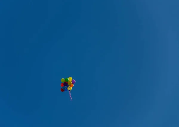 Bunch of colorful balloons filled with helium fly away in the sky — Stock Photo, Image