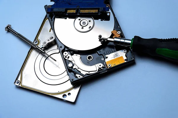 bilgisayar sabit disk sürücüsü üzerinde beyaz bir tornavida ile izole