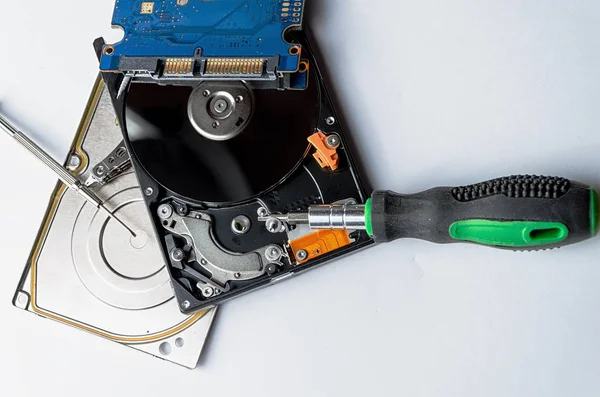 bilgisayar sabit disk sürücüsü üzerinde beyaz bir tornavida ile izole