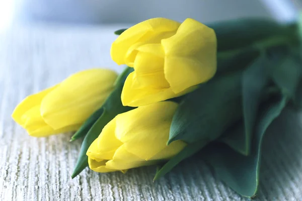 Three yellow tulips lie on a wavy background. The picture was taken in Ukraine in Kiev 07.02.2018