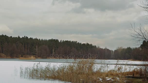 Des nuages bas hivernaux se déplacent sur le lac forestier gelé. Délai imparti .