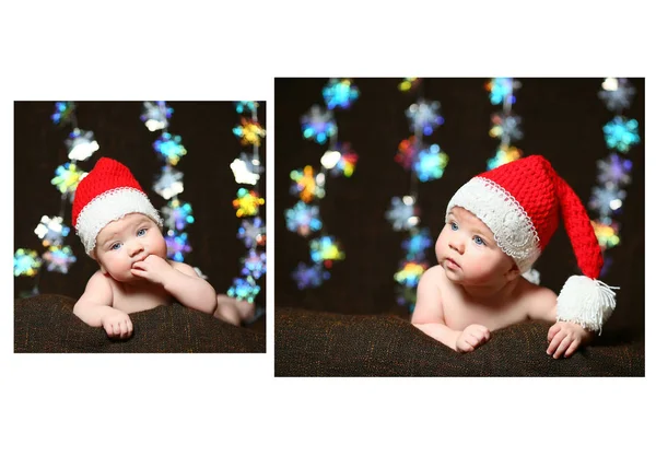 Natal bebê com um chapéu de Natal bombom vermelho e branco olhando para o lado — Fotografia de Stock