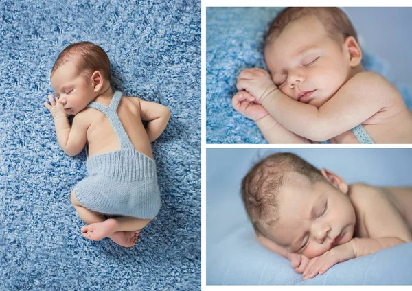 Bebê dormindo em uma roupa de malha azul — Fotografia de Stock