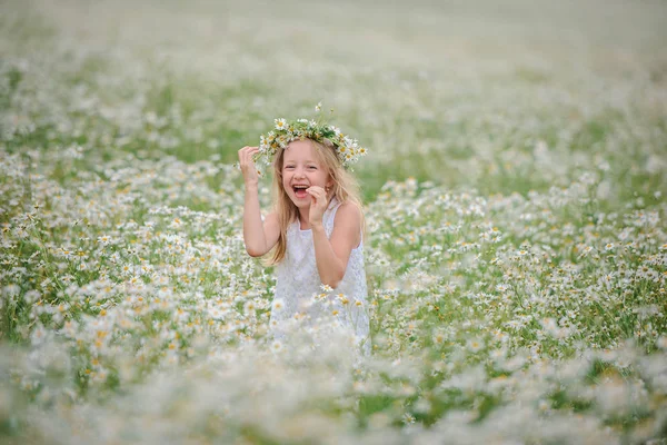 Ragazza in corona di fiori nel campo margherite — Foto Stock