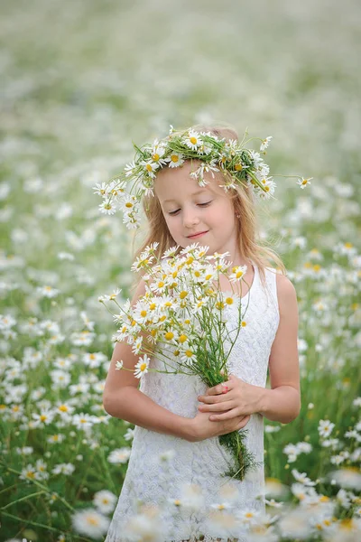 Ragazza in corona di fiori nel campo margherite — Foto Stock