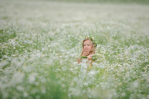 Mädchen im Blumenkranz im Gänseblümchenfeld — Stockfoto