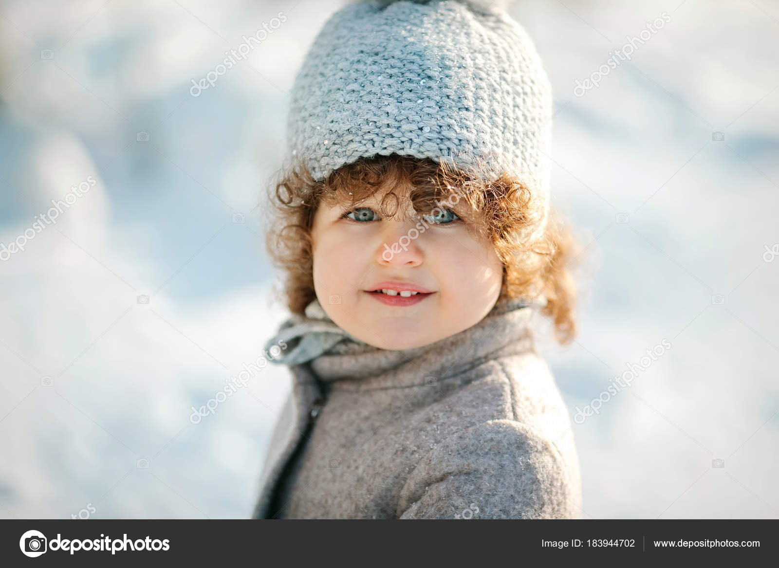 Short Curly Hair With Beanie Portrait Cute Smiling Little Girl