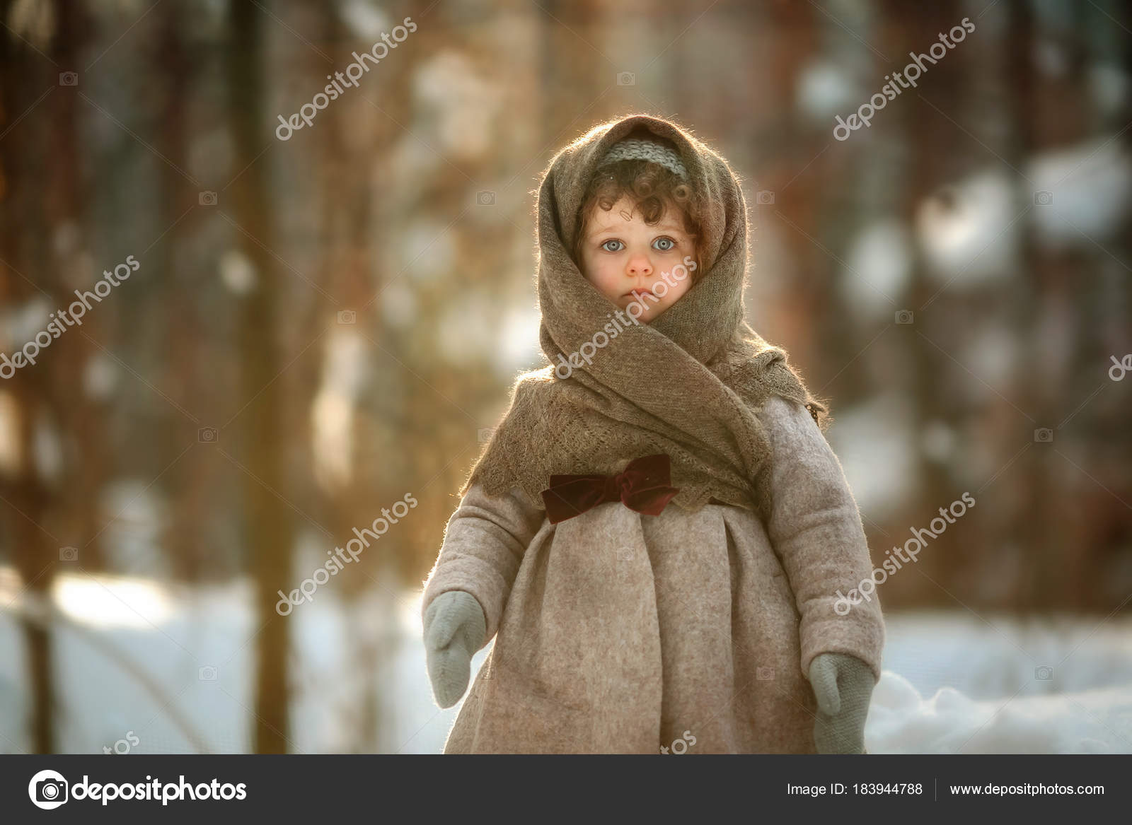 Cute Little Girl Short Curly Hair Standing Warm Shawl Vintage