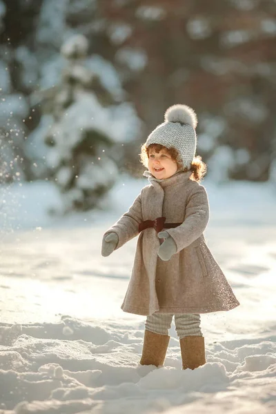 Cute Happy Little Girl Standing Woolen Hat Mittens Vintage Coat — Stock Photo, Image