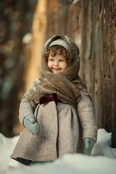 Cute Smiling Little Girl Warm Shawl Vintage Coat Mittens Posing — Stock Photo, Image