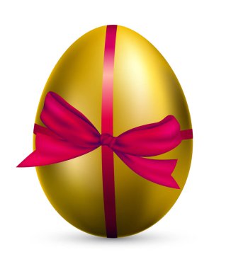 Kırmızı hediye kurdelesiyle beyaz arka planda izole edilmiş gerçekçi altın yumurta.