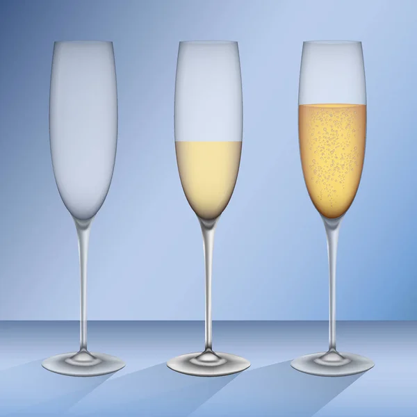 Ensemble Galasses Réalistes Avec Champagne Sur Fond Bleu — Image vectorielle
