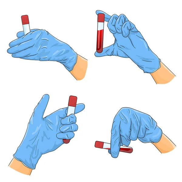 Uppsättning Händer Medicinska Handskar Som Håller Ett Rör Med Blod — Stock vektor