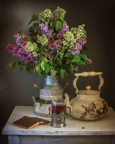 Still Life Flowers Glass Tea Vintage Silence Book Kettle — Stock Photo, Image