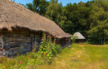 17-19 yüzyılda Ukrayna 'nın kırsal bölgelerinde inşa edilen eski bir evin yeniden inşası.