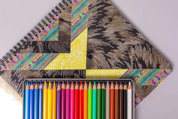 Une Boîte Avec Des Crayons Multicolores Affûtés Repose Sur Carnet — Photo