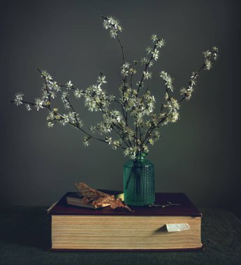 Bahar çiçekleri ve kitaplarla dolu bir hayat. Minimalizm. Doğa.